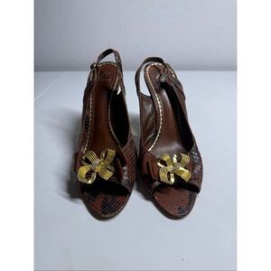 J Vincent Brown Snakeskin Print Slingback Peep Toe Heels Size 8.5